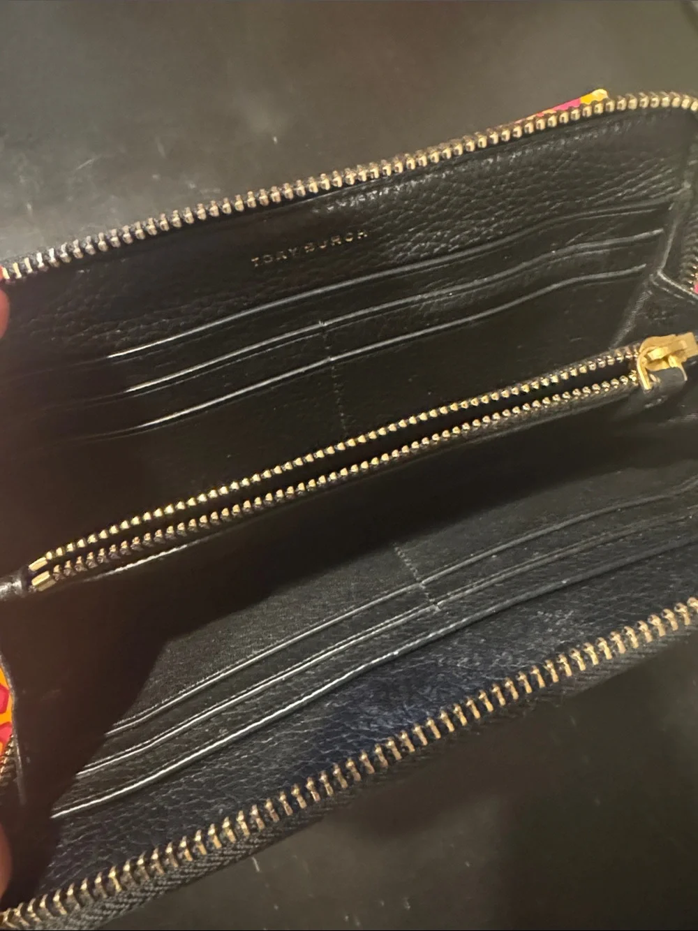 Tory Burch Black Pebbled Leather Zip Wallet with Gold Logo